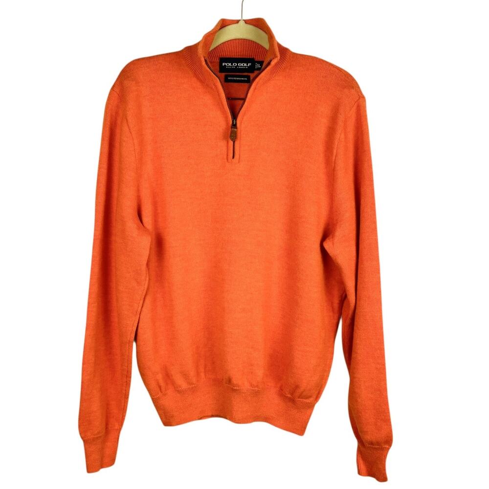 Polo Golf Ralph Lauren Orange Merino Wool Tight Knit 1/4‎ Zip Sweater Top Large
